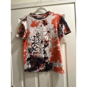 Heritage America Tie Dye Logo Shirt Men's Medium Orange Black White Wolf